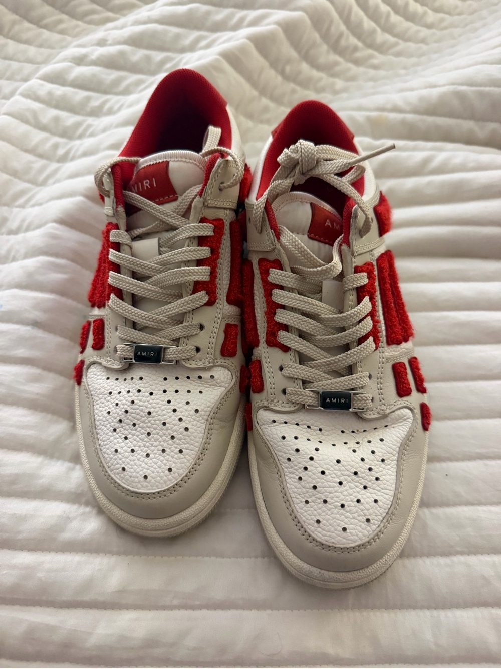 AMIRI White & Red Low-Top Sneakers with Textured Paneling